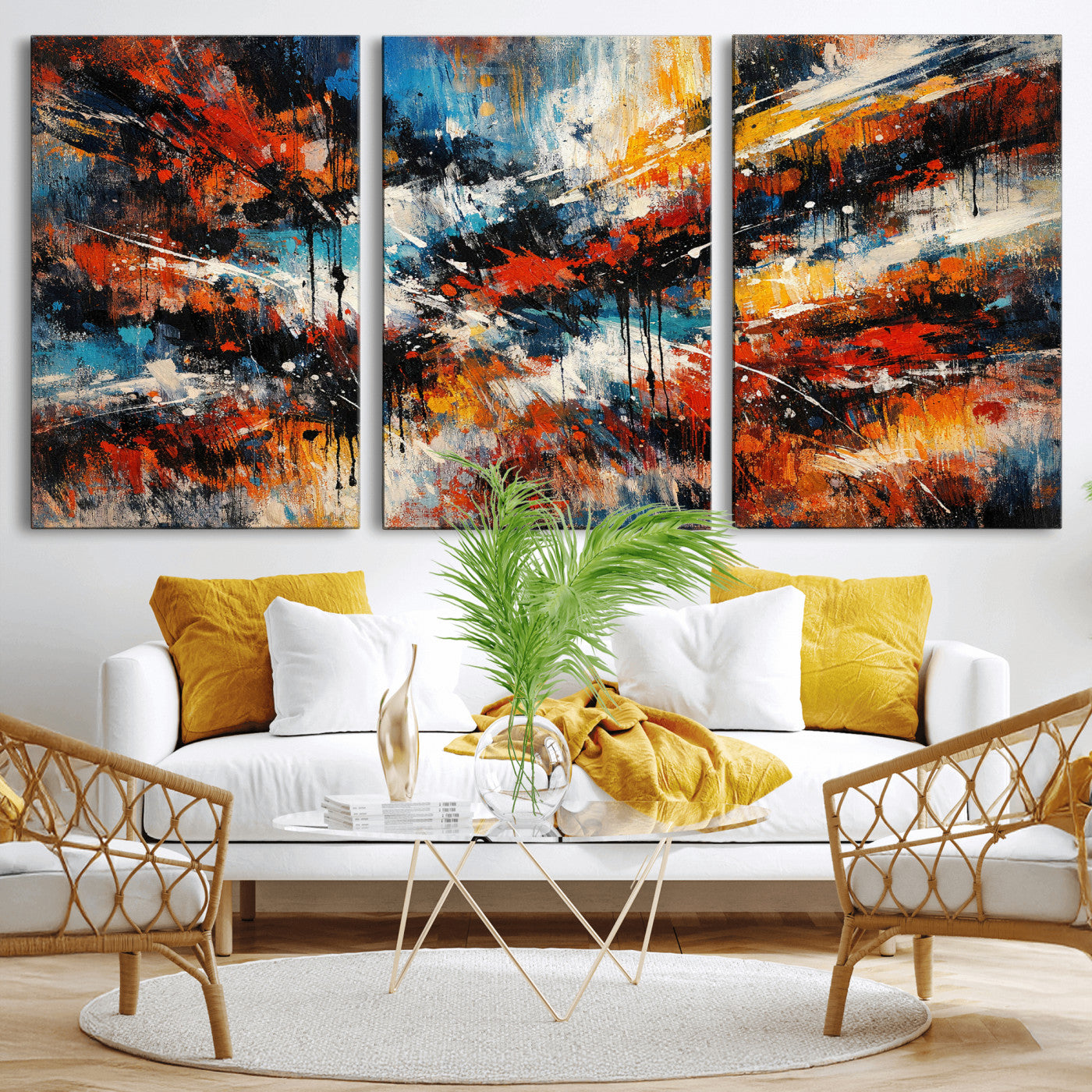 80276069-MGV-CV-36X24 - Geometric Abstract Wall Art Canvas Print, Orange Blue Abstract Expressionist Painting Print, Modern Geometric Abstract Canvas Art