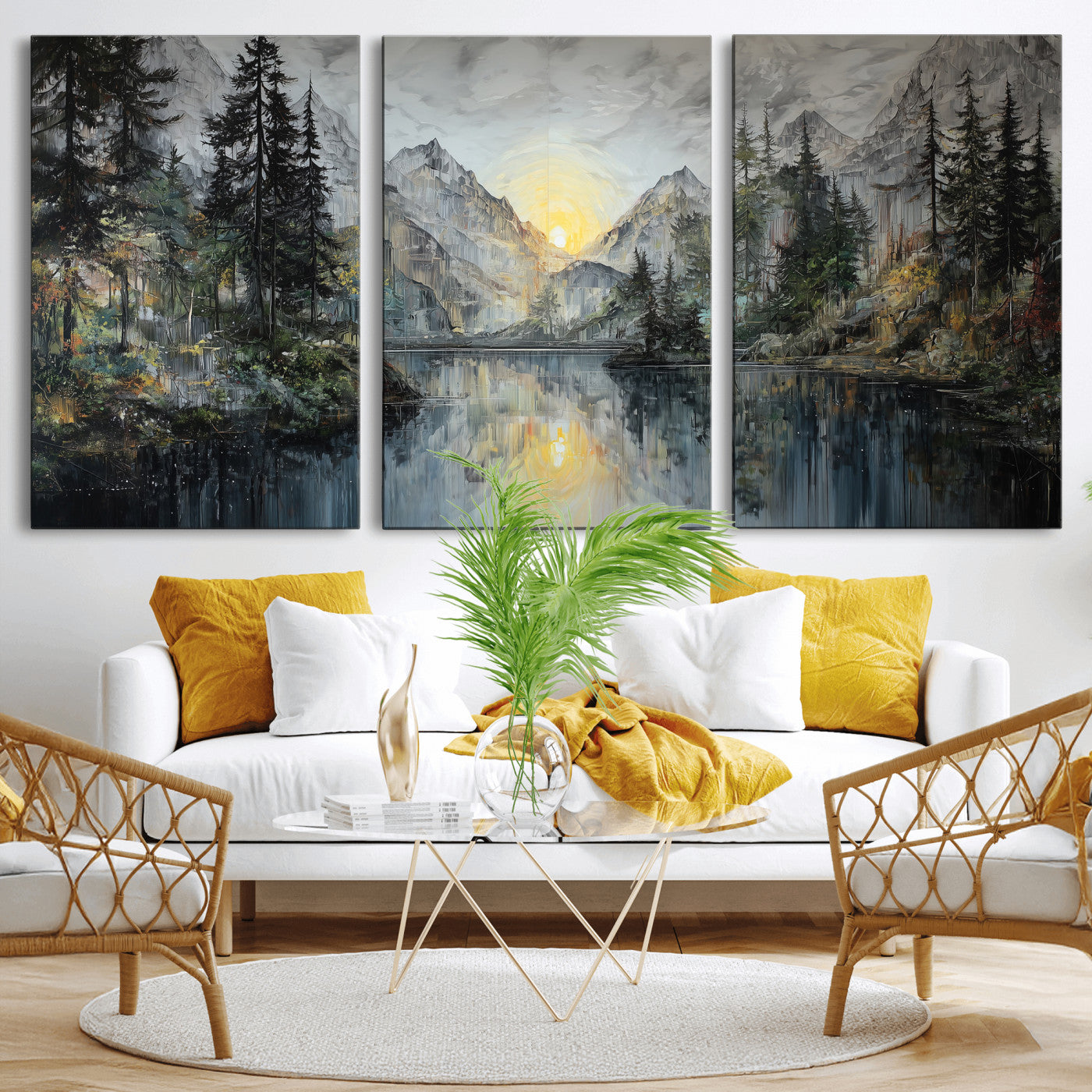 72377107-MGV-CV-60X30-3P - Drip Style Forest Lake Gold Art — Abstract Expressionist Mountain Print | Grey Pine Tree Canvas | Moody Nature Wall Decor | Large Panoramic Art