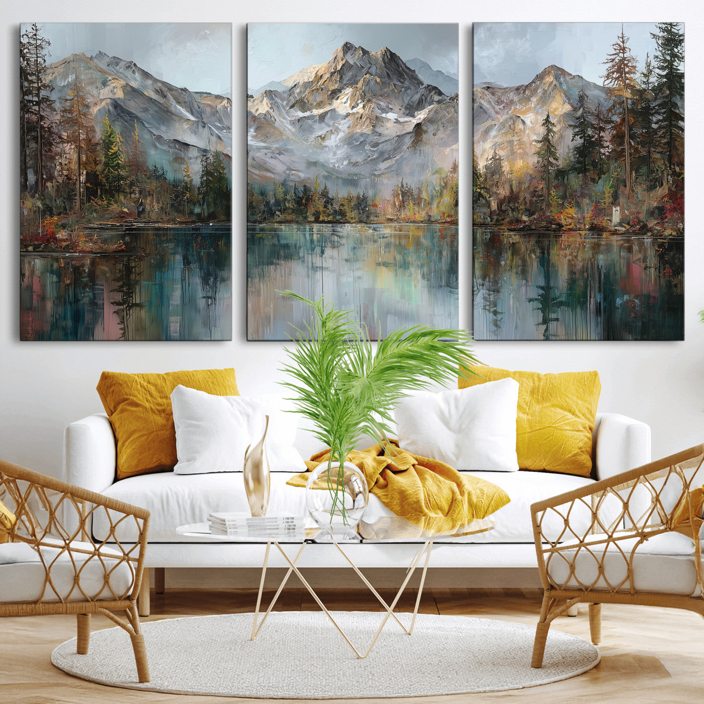 15527546-MGV-CV-60X30-3P - Drip Style Forest Lake Gold Art — Abstract Expressionist Mountain Print | Grey Pine Tree Canvas | Moody Nature Wall Decor | Large Panoramic Art
