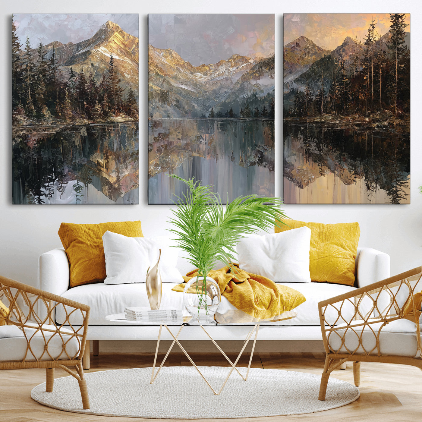 37675699-MGV-CV-60X30-3P - Drip Style Forest Lake Gold Art — Abstract Expressionist Mountain Print | Grey Pine Tree Canvas | Moody Nature Wall Decor | Large Panoramic Art