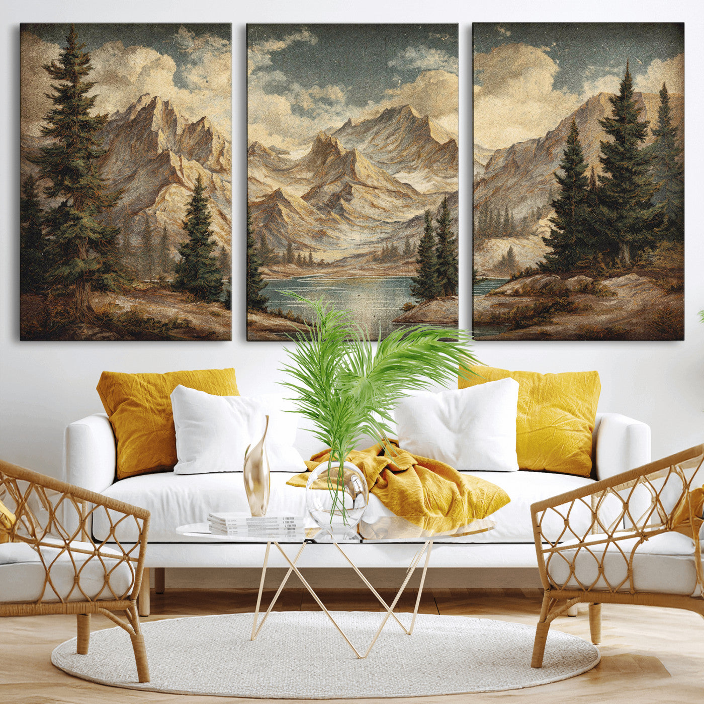 62093020-MGV-CV-60X30-3P - Drip Style Forest Lake Gold Art — Abstract Expressionist Mountain Print | Grey Pine Tree Canvas | Moody Nature Wall Decor | Large Panoramic Art