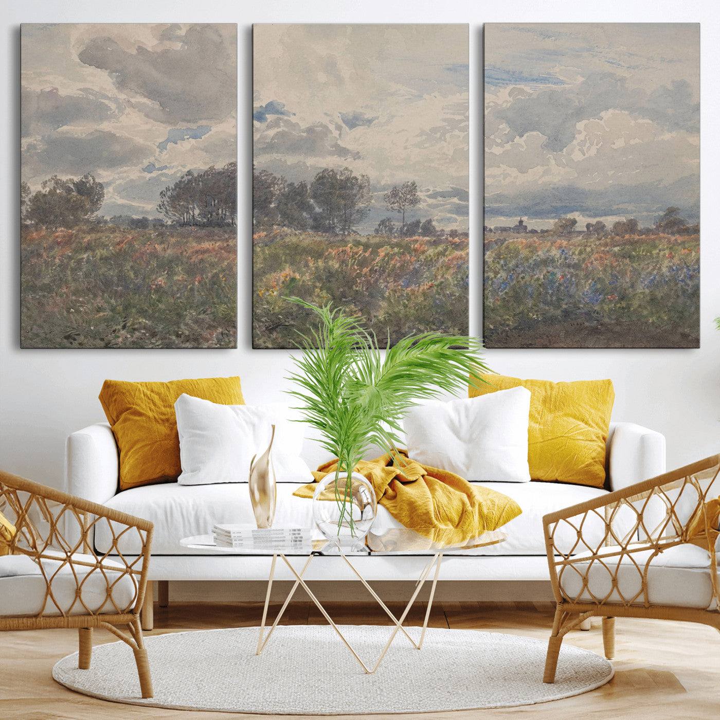 76626885-MGV-CV-36X24 - Vintage Watercolor Meadow Canvas Wall Art — English Pastoral Wildflower Storm Sky Print | Cottagecore Nature Decor | Classic Landscape Gift