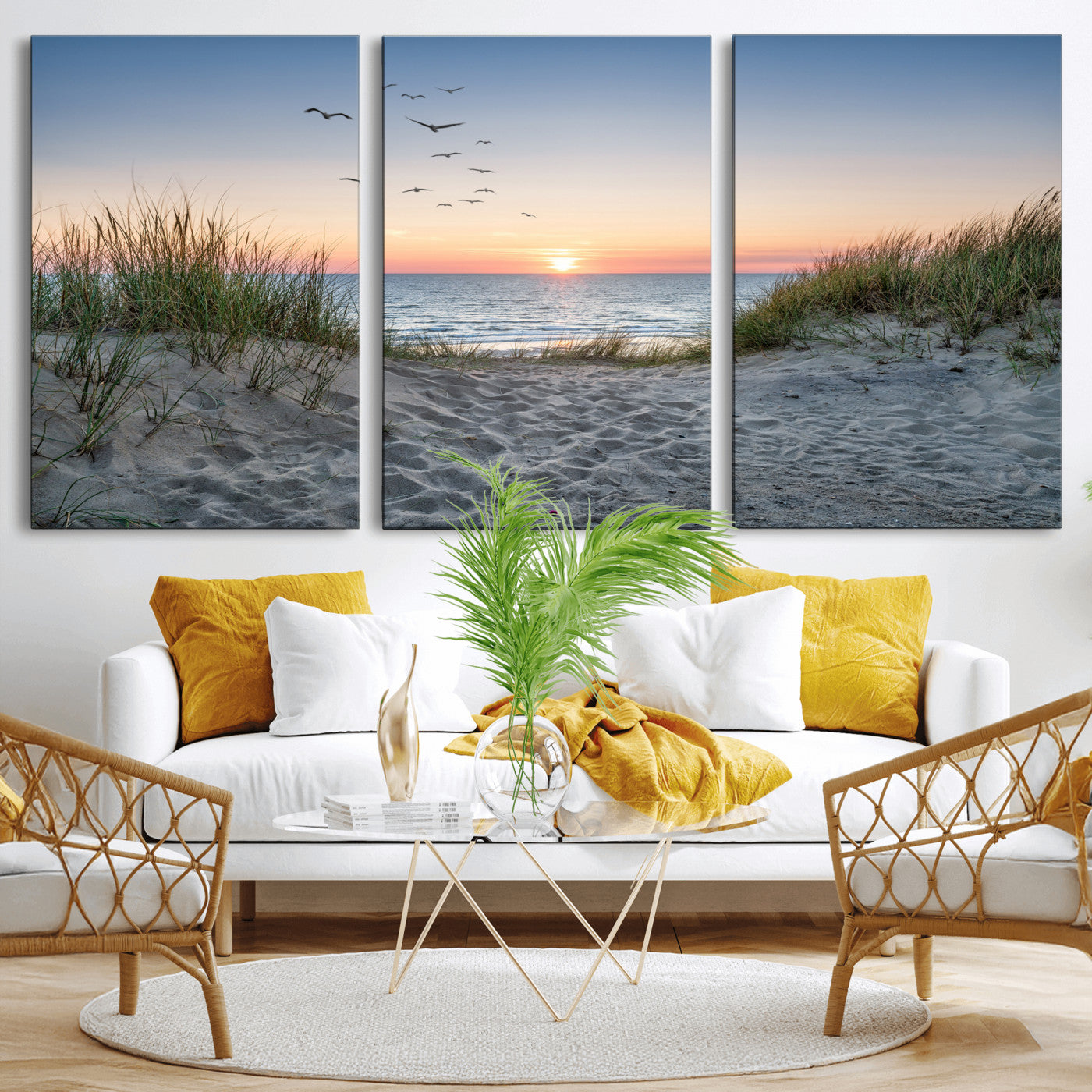12172032-MGV-CV-36X24 - Sandy Dune Path Sunset Canvas Wall Art — Seagulls Beach Ocean Photography Print | Coastal Home Decor | Nautical Wall Art | Beach House Gift