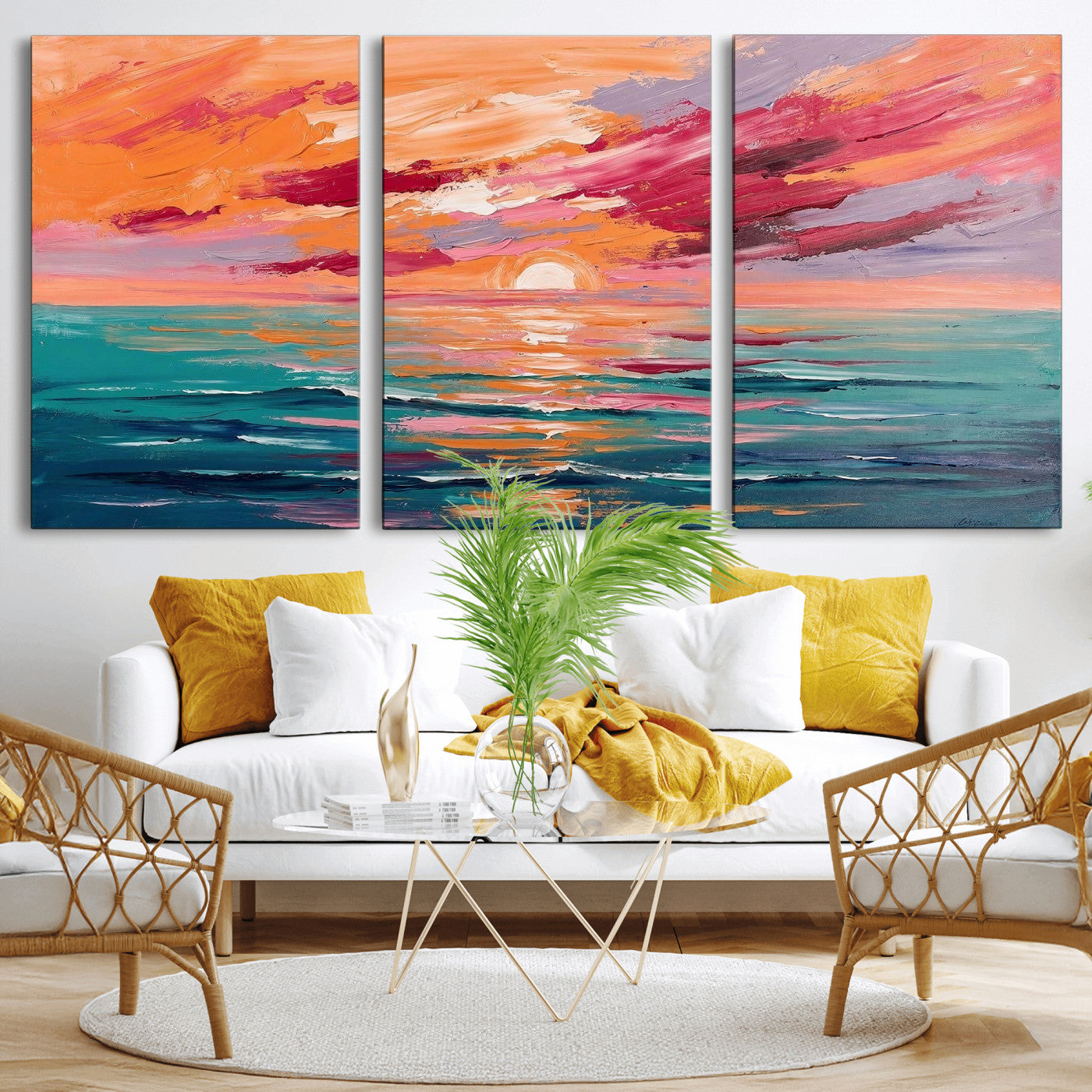 26763902-MGV-CV-36X24 - Bold Palette Knife Ocean Sunset Canvas — Orange Pink Teal Expressionist Sea Print | Colorful Coastal Wall Art | Vibrant Beach Decor Gift