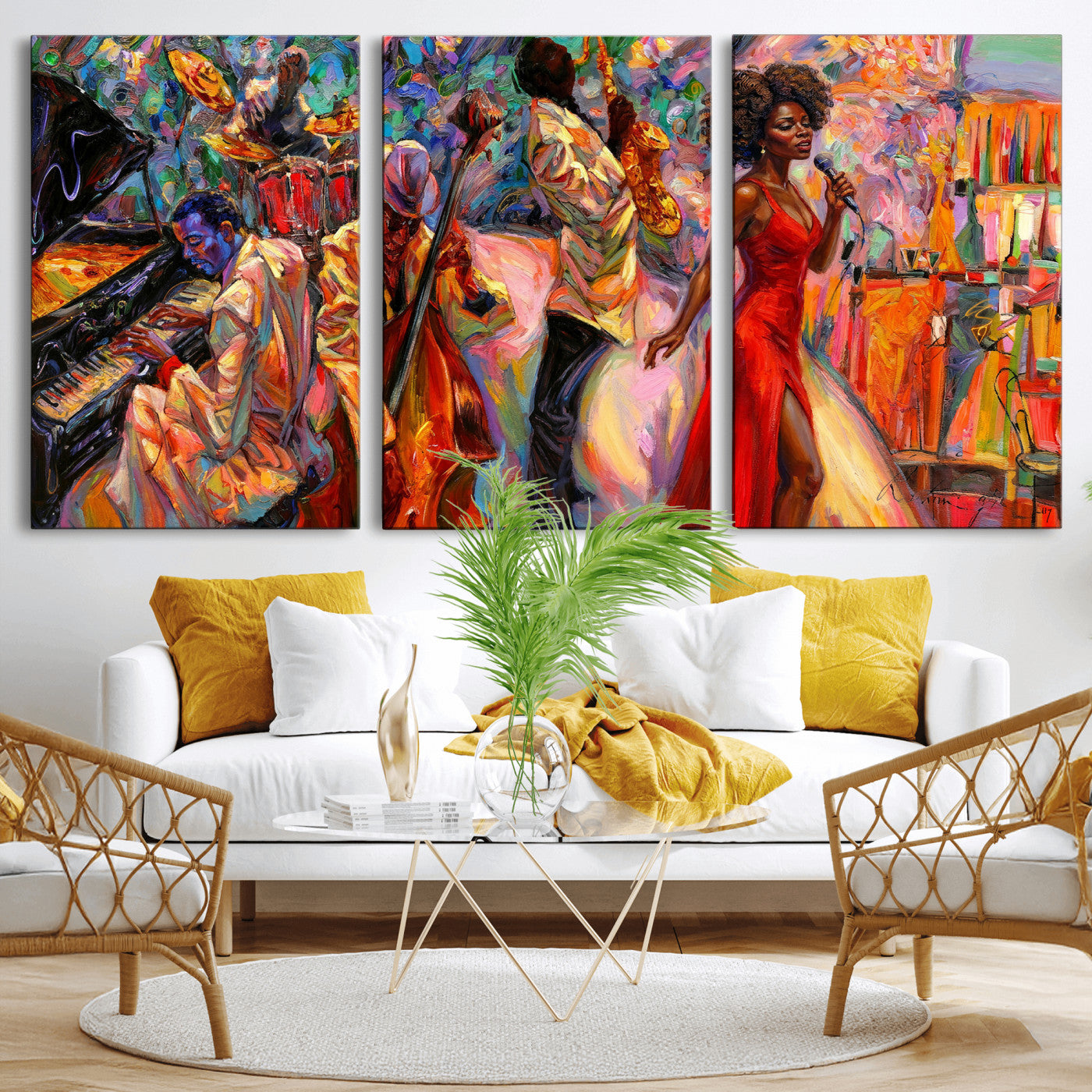 72615137-MGV-CV-36X24 - African American Jazz Singer Canvas Art - Red Dress Black Woman Music Print | Colorful Jazz Band Wall Decor | Living Room Gift for Her