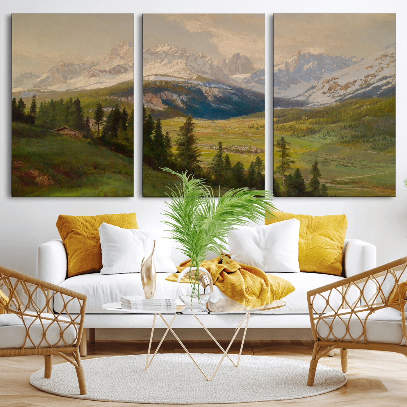 23120262-MGV-CV-36X24 - Konrad Petrides Sexten Village Canvas Print, Alpine Mountain Valley Painting, Dolomites Landscape Art