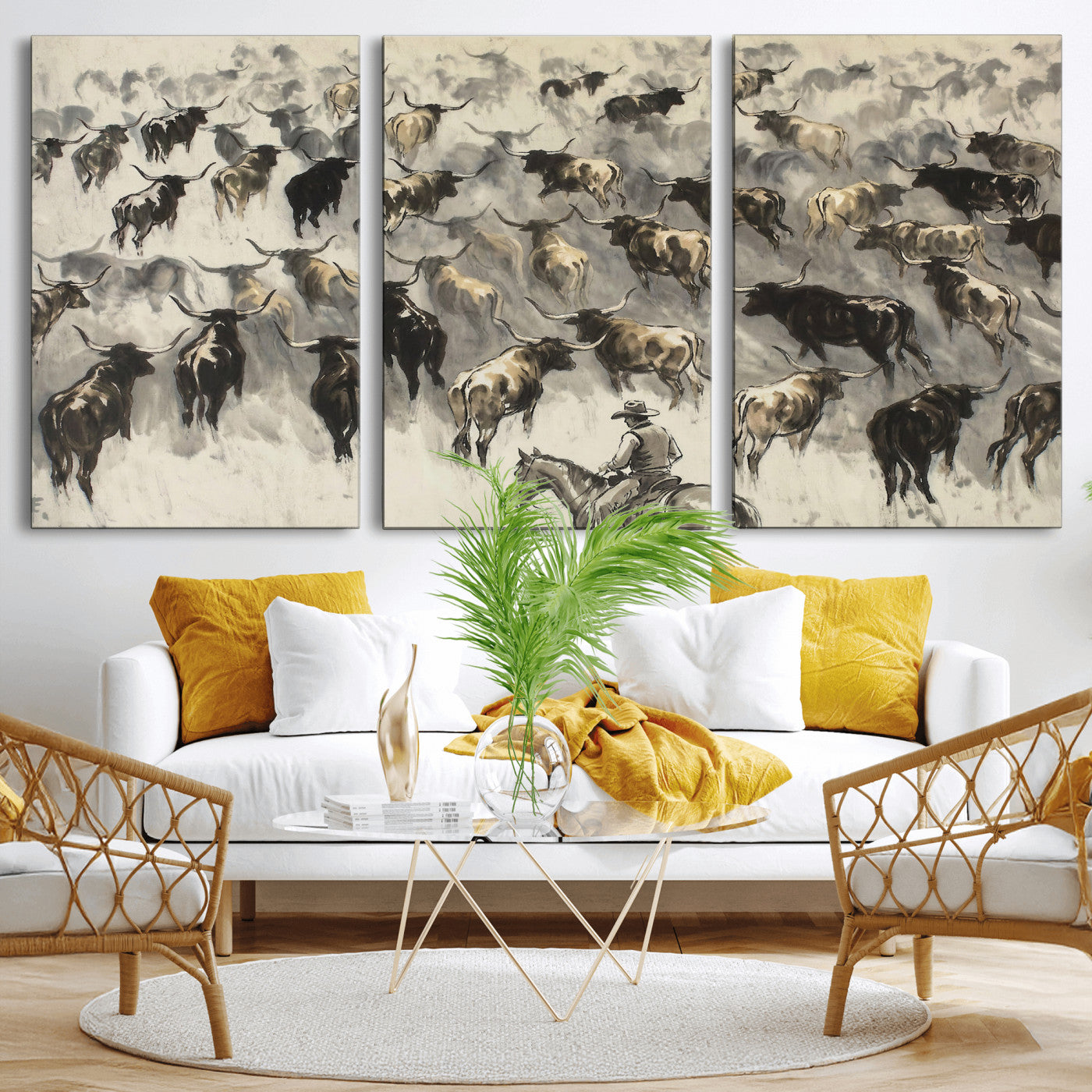 48049876-MGV-CV-36X24 - Cowboy Cattle Drive Canvas Wall Art, Western Longhorn Herd Ink Painting Print, Ranch Rodeo Decor, Black White Western Art, Large Living Room Art