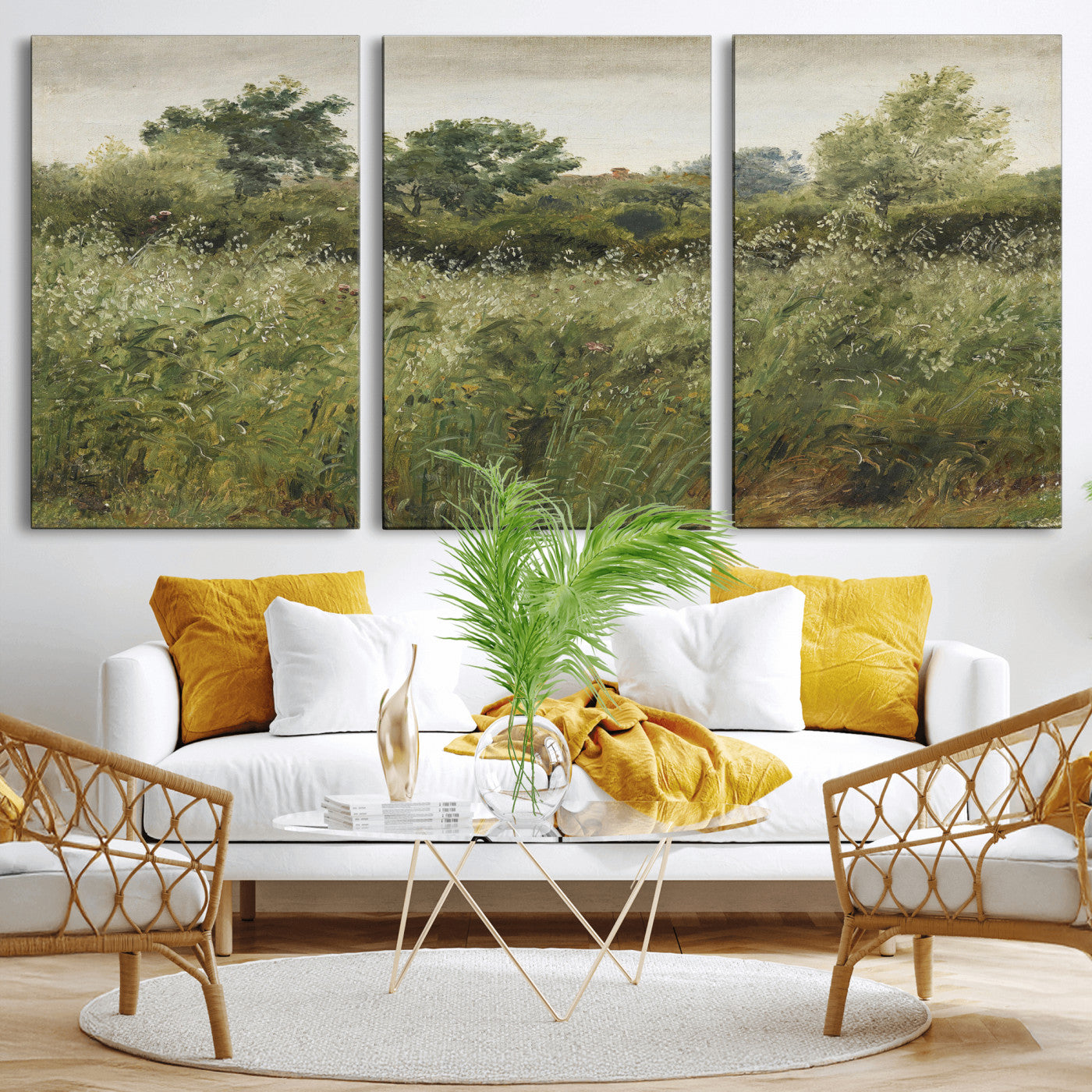 92328261-MGV-CV-36X24 - Wildflower Meadow Canvas Wall Art, Impressionist Overgrown Field Painting Print, Vintage Green Nature Decor, Cottagecore Botanical Art, Living Room Print