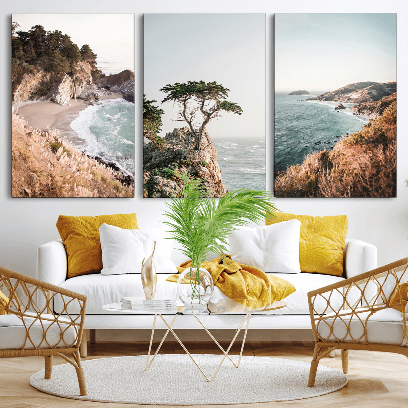 68839391G-MGV-CV-60X30-3P - California Coast Canvas Wall Art Set, Big Sur McWay Falls Lone Cypress Triptych Print, Coastal Photography Decor, Beach House Wall Art