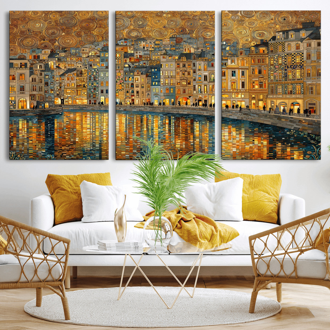 94022787-MGV-CV-36X24 - Gustav Klimt Golden Cityscape Wall Art Canvas Print, Framed River Town Landscape Artwork, Ornate Architecture Wall Decor for Living Room Bedroom Office