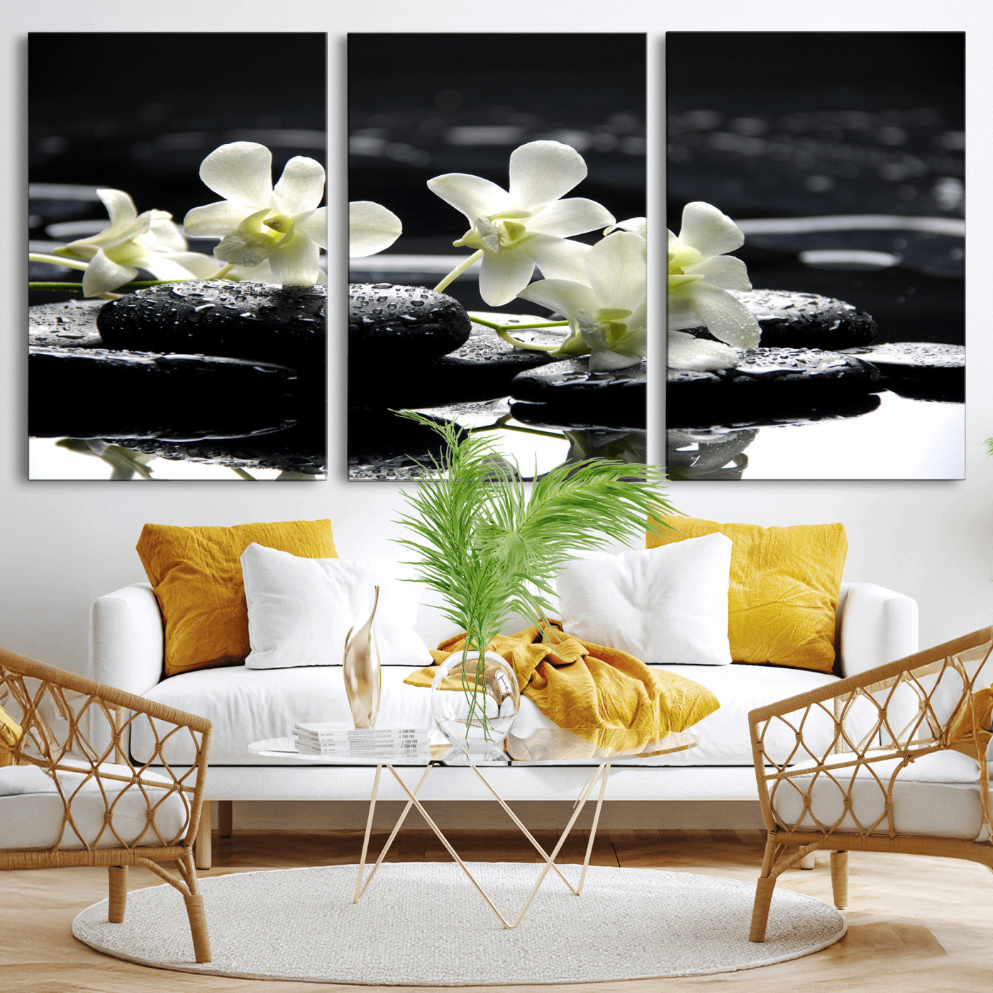 79486206-MGV-CV-36X24 - Plumeria Frangipani Black Stone Canvas | White Flower Spa Photography Print | Tropical Zen Wall Art | Grey Pebble Floral for Meditation Room Decor