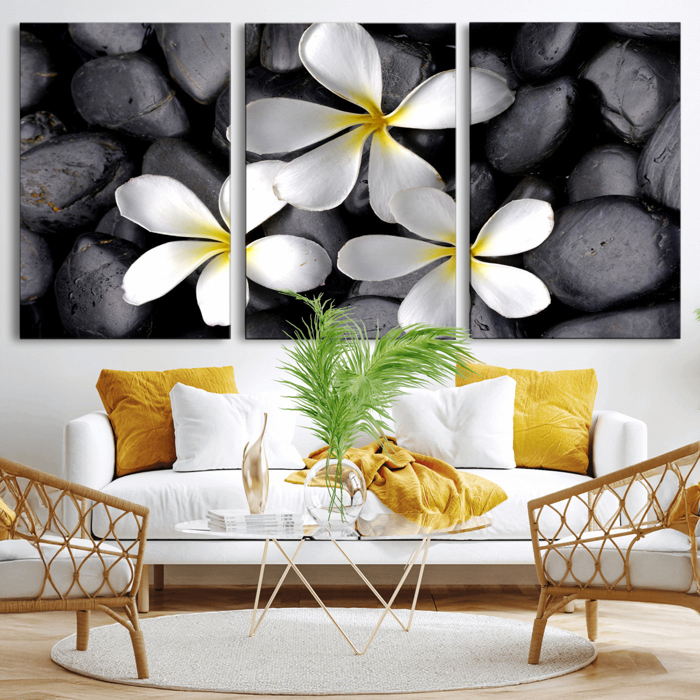 43639613-MGV-CV-36X24 - Plumeria Frangipani Black Stone Canvas | White Flower Spa Photography Print | Tropical Zen Wall Art | Grey Pebble Floral Decor