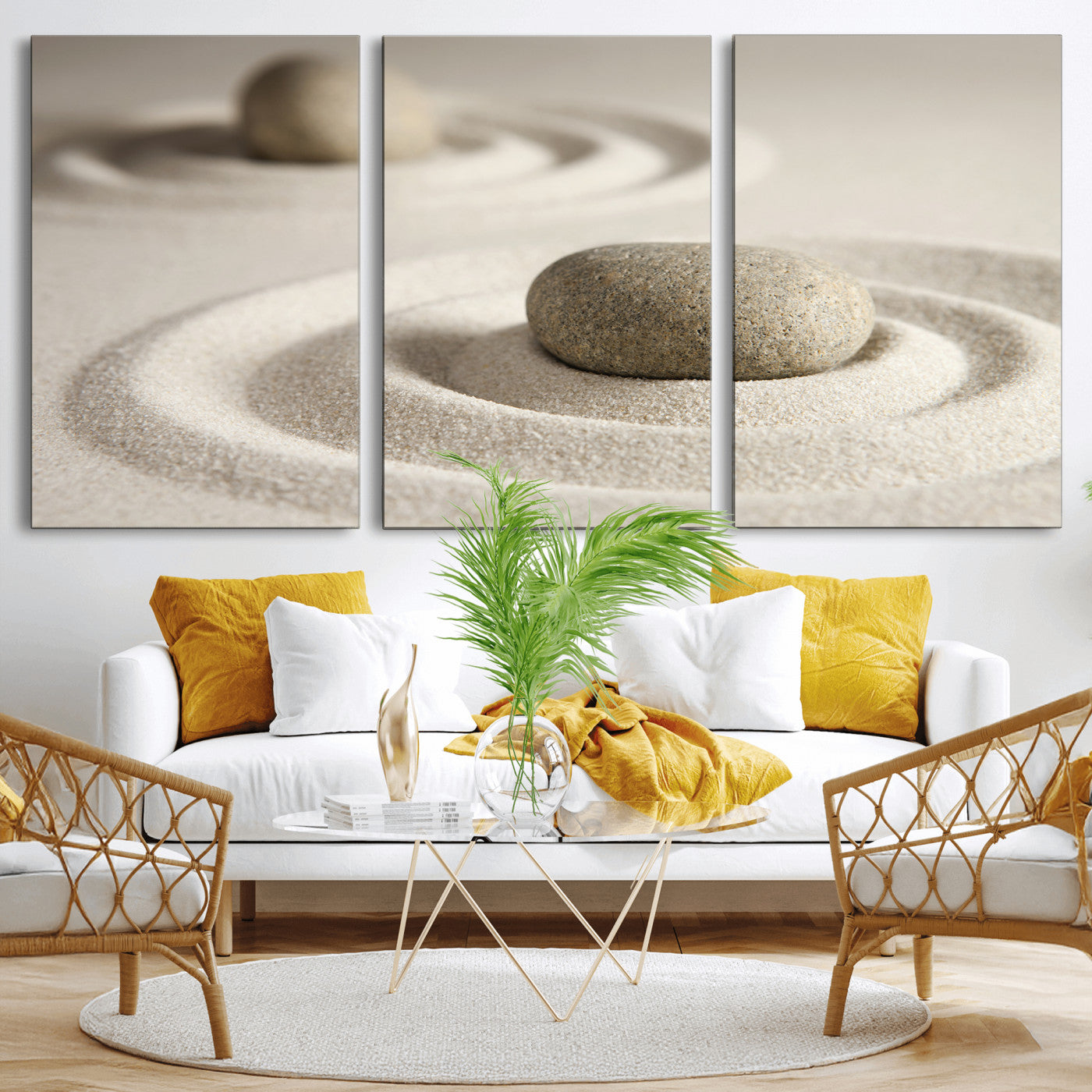 13397966-MGV-CV-36X24 - Zen Garden Stone Sand Canvas | Japanese Rock Garden Wall Art | Minimalist Meditation Print | Neutral Beige Mindfulness Decor