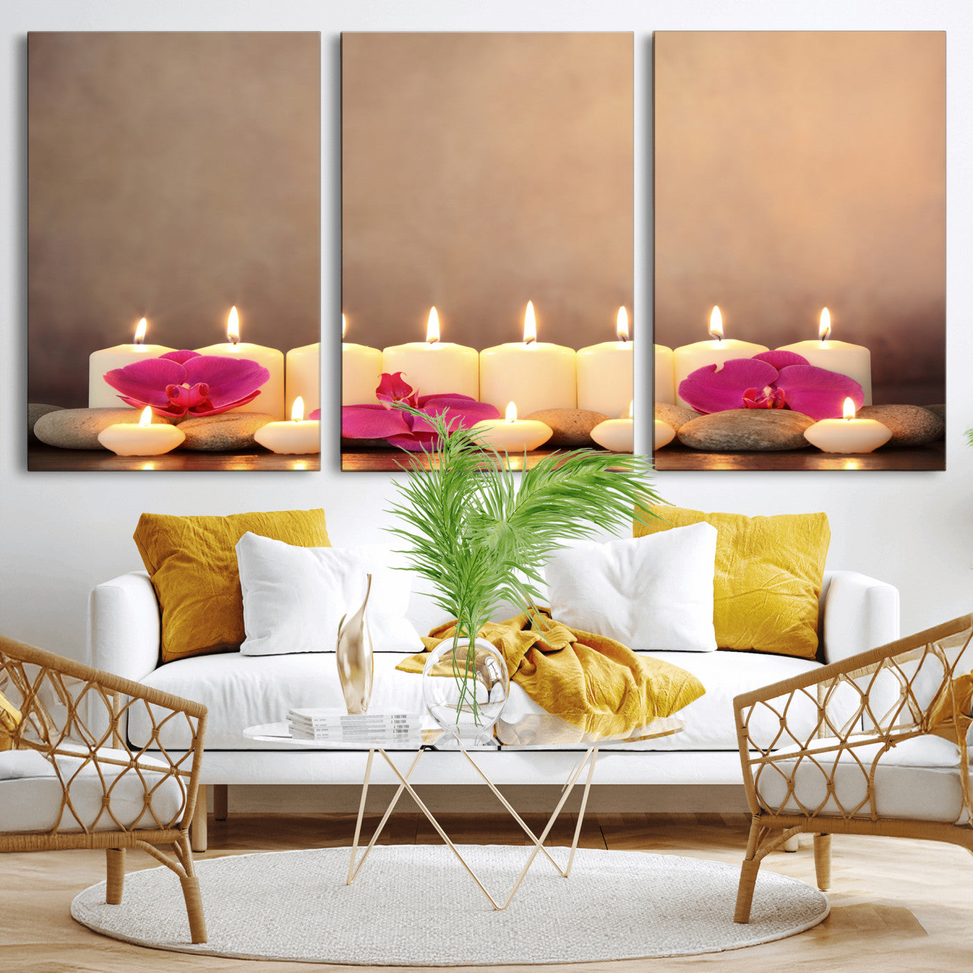 59470569-MGV-CV-36X24 - Spa Candles Orchid Canvas Print | Zen Wellness Relaxation Wall Art | Pink Flower Candlelight Bathroom Decor | Calm Beige Photography