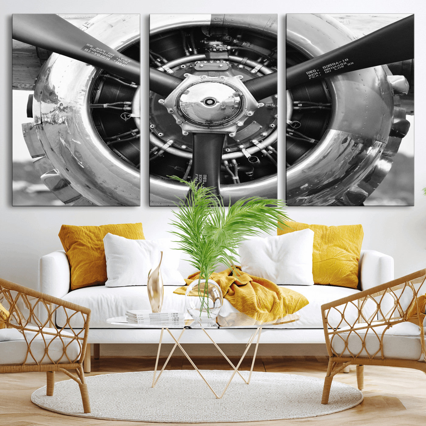 73322230-MGV-CV-36X24 - Vintage Propeller Plane Wall Art Canvas Print, Black and White Airplane Engine Close Up Framed Aviation Artwork for Pilot Office Hangar Decor