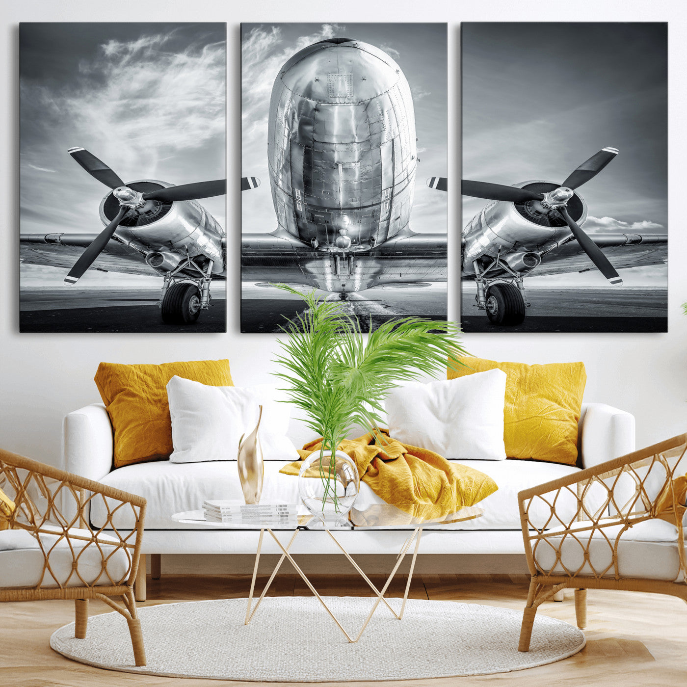 59729636-MGV-CV-36X24 - Vintage Propeller Plane Wall Art Canvas Print, Black and White Airplane Engine Close Up Framed Aviation Artwork for Pilot Office Hangar Decor