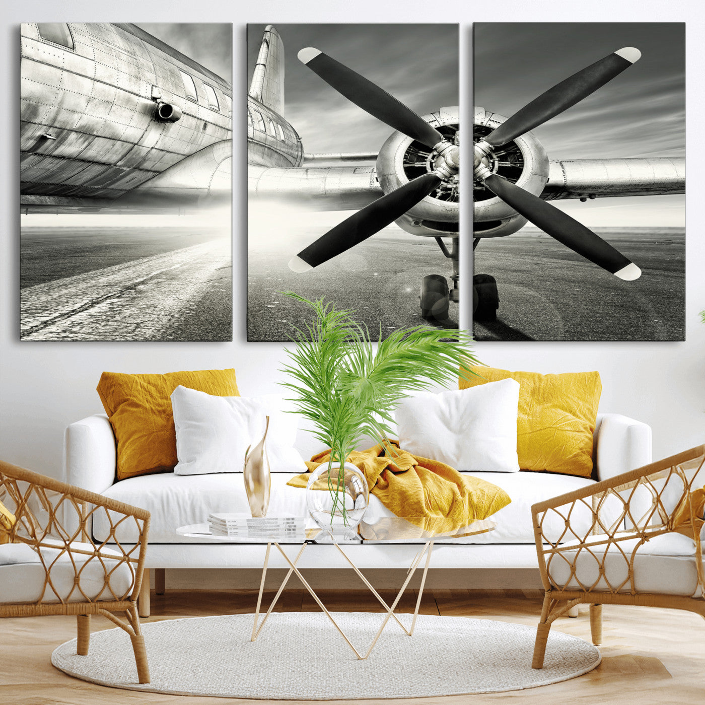 16420255-MGV-CV-36X24 - Vintage Airplane Wall Art Canvas Print, Black and White Propeller Aircraft Framed Aviation Artwork for Pilot Office Hangar Living Room Decor