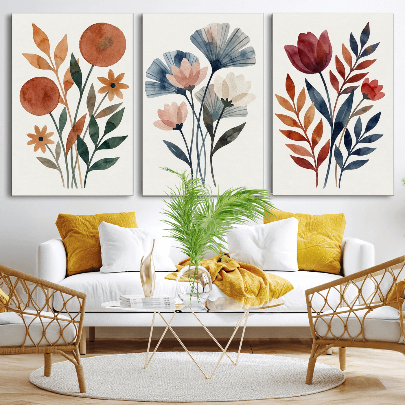 95190931-MGV-CV-60X30-3P - Watercolor Botanical Canvas Wall Art Set, Navy Terracotta Floral Triptych Print, Minimalist Flower Decor, Boho Living Room Art, Scandinavian Nature Print
