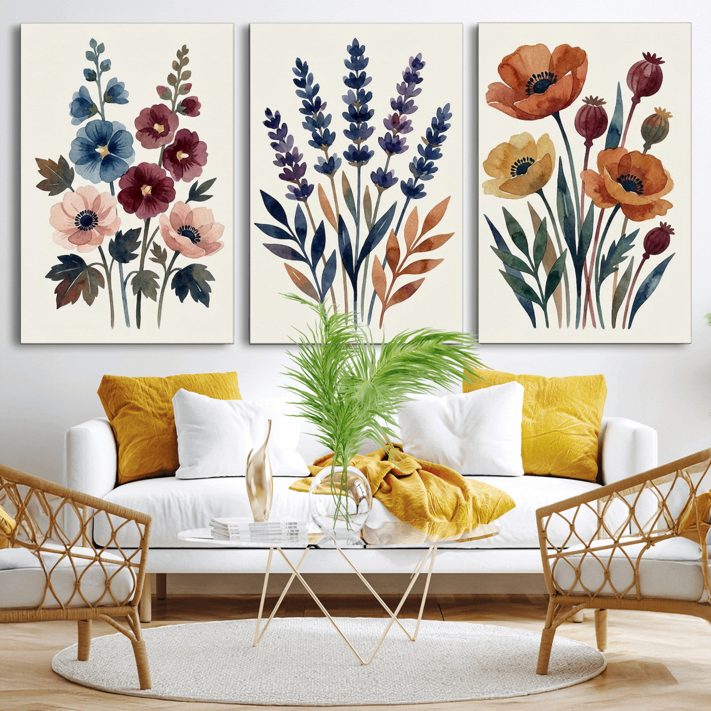 66468390-MGV-CV-60X30-3P - Watercolor Botanical Canvas Wall Art Set, Navy Terracotta Floral Triptych Print, Minimalist Flower Decor, Boho Living Room Art, Scandinavian Nature Print