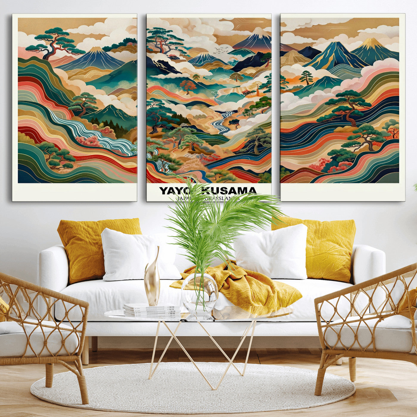 89903380-MGV-CV-60X30-3P - Japanese Grasslands Canvas Wall Art, Kusama Inspired Landscape Print, Colorful Japanese Nature Poster, Ukiyo-e Style Mountain Decor, Asian Art Print