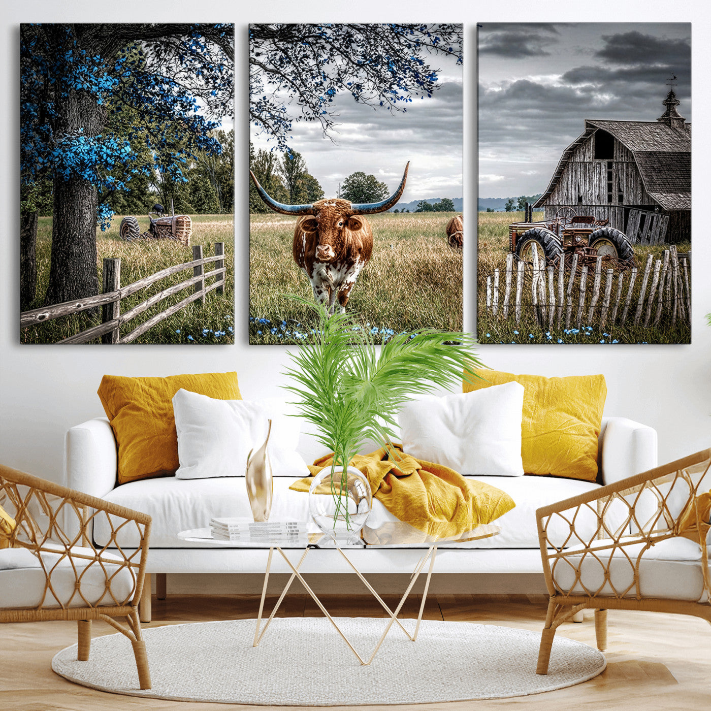 40526446-MGV-CV-60X30-3P - Texas Longhorn Canvas Wall Art, Rustic Farm Barn Bluebonnet Photography Print, Farmhouse Country Decor, Western Ranch Art, Old Truck Tractor Print