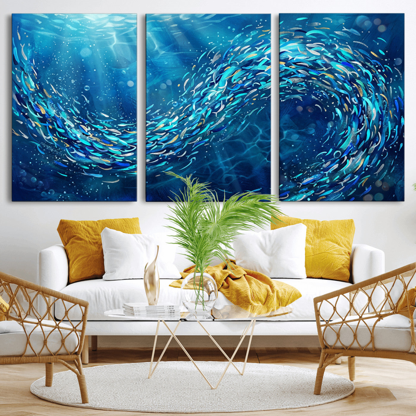 54535639-MGV-CV-36X24 - School of Fish Canvas Print | Blue Ocean Underwater Wall Art | Swirling Fish Shoal Illustration | Marine Navy Coastal Decor