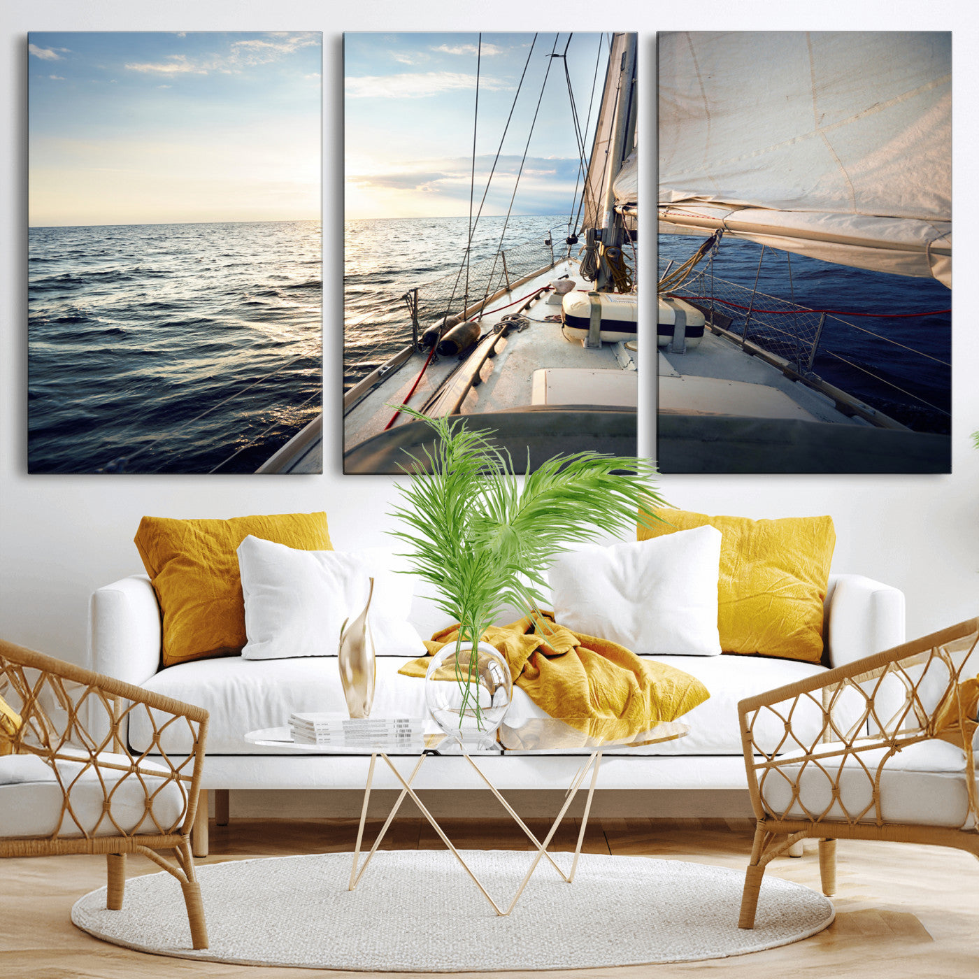 76381335-MGV-CV-36X24 - Sailboat Wall Art Canvas Print, Ocean Sunset Sailing Framed Artwork, Coastal Nautical Seascape Decor for Living Room Office Beach House
