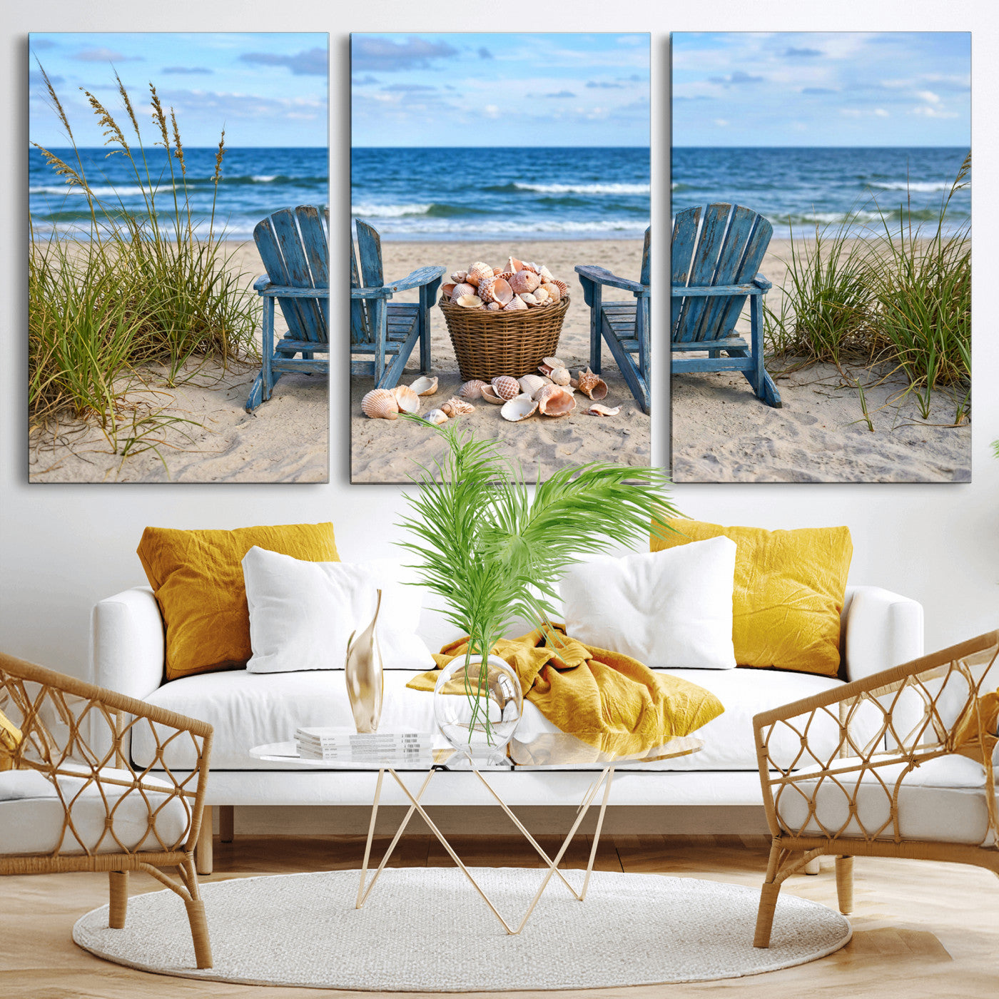 80268829-MGV-CV-36X24 - Large Beach Canvas Wall Art Coastal Adirondack Chairs Ocean Seashells Blue Nautical Framed Large for Living Room Bedroom Bathroom Decor