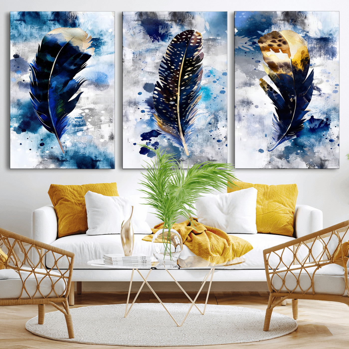 74325132F-MGV-CV-60X30-3P - Feather Canvas Wall Art Navy Blue Gold Watercolor Abstract Boho Eclectic Framed Large for Living Room Bedroom Office Entryway Decor