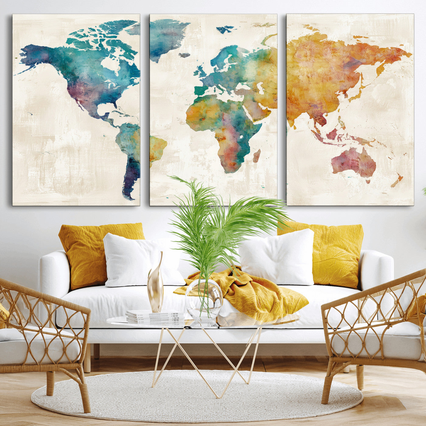 56556018-MGV-CV-36X24 - Watercolor World Map Canvas Wall Art Print – Abstract Colorful Travel Wall Decor