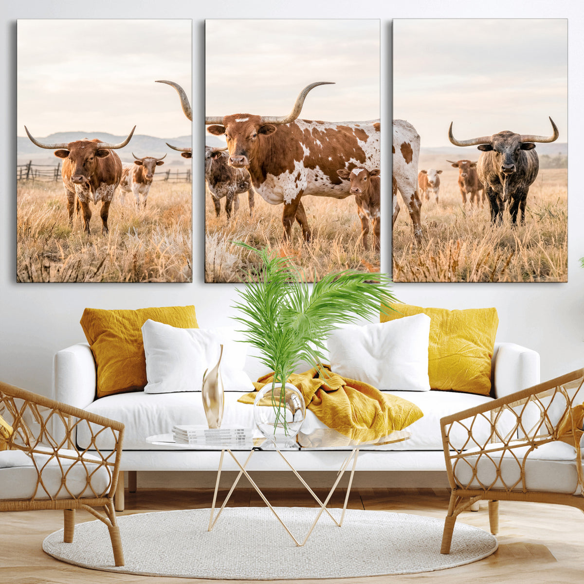 62336425AC-MGV-CV-36X24 - Texas Longhorn Canvas Wall Art, Rustic Farm Animal Photography Print, Farmhouse Country Decor, Western Ranch Art