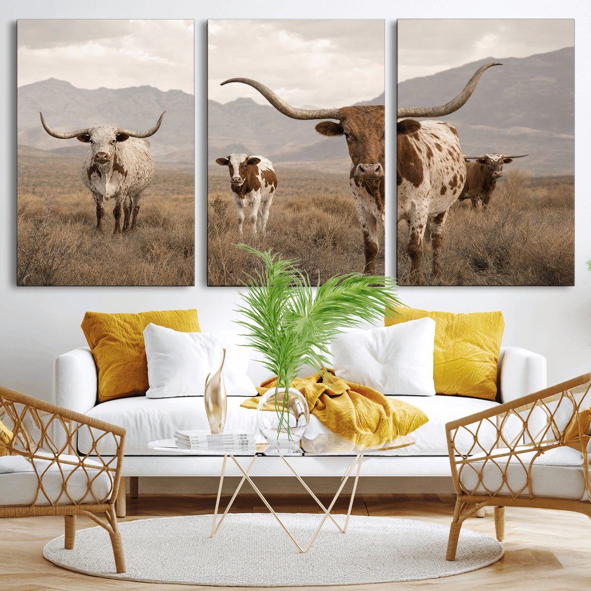 62336425AD-MGV-CV-36X24 - Rustic Texas Longhorn Cow Canvas Wall Art Print, Rustic Farm Animal Photography Print, Farmhouse Country Decor, Western Ranch Art