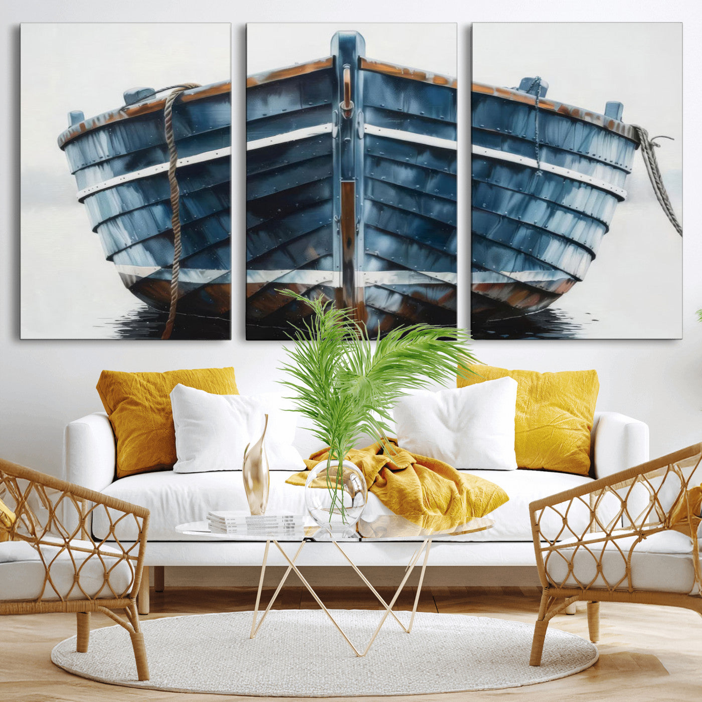 21601740-MGV-CV-36X24 - Blue Wooden Rowboat Canvas Wall Art, Coastal Nautical Boat Painting Print for Lake Beach House Decor, Minimalist Maritime Decor Artwork