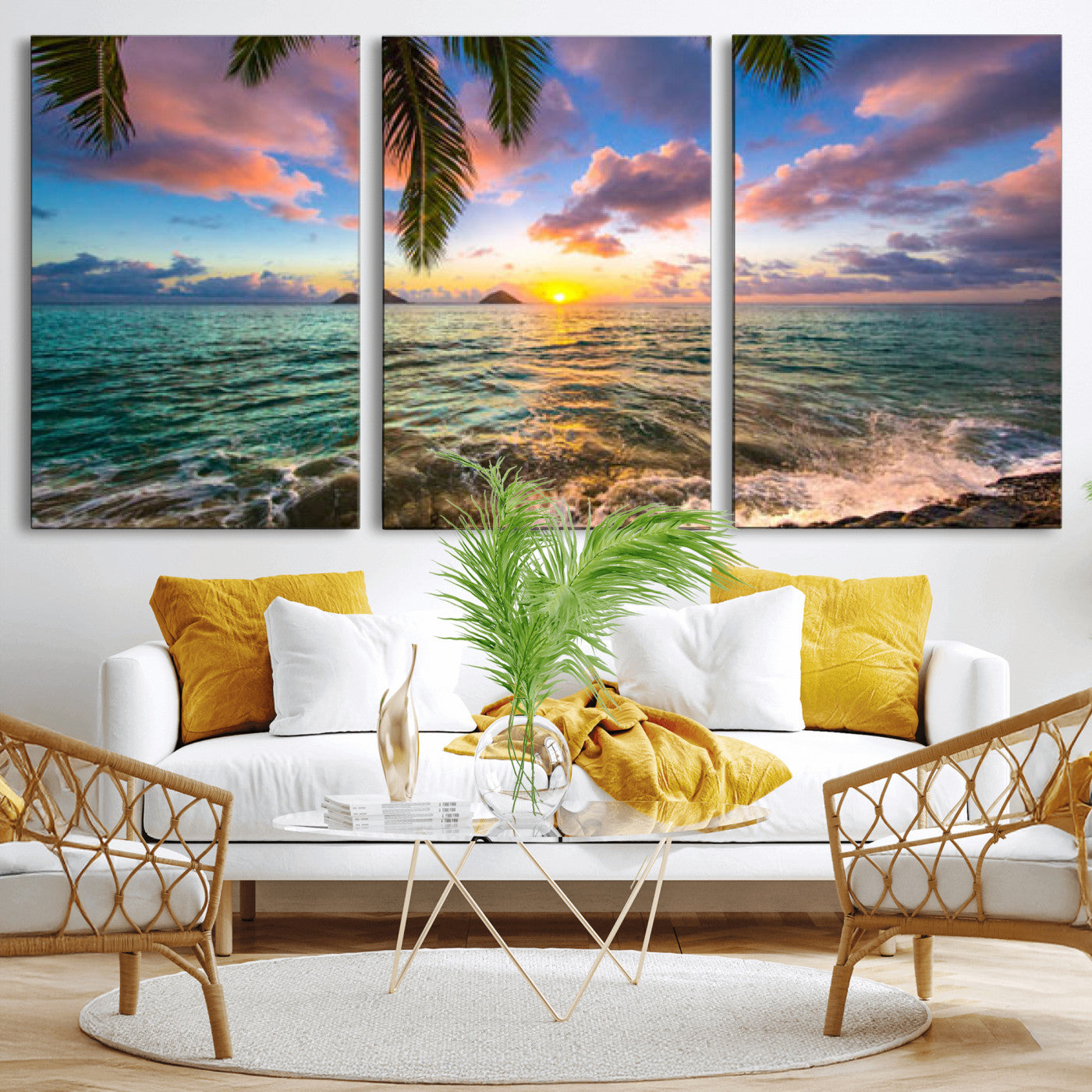 13207742-MGV-CV-36X24 - Hawaii Beach Sunset Canvas Wall Art Print, Tropical Ocean Landscape Artwork, Palm Tree Coastal Decor for Living Room Bedroom