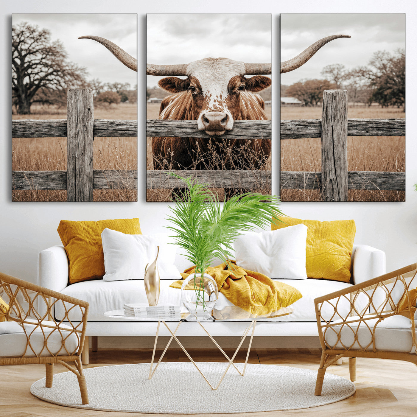 59378683N-MGV-CV-60X30-3P - Farmhouse Texas Longhorn Bull Canvas Wall Art, Western Ranch Cattle Photography Print, Rustic Barn Cowboy Decor Artwork