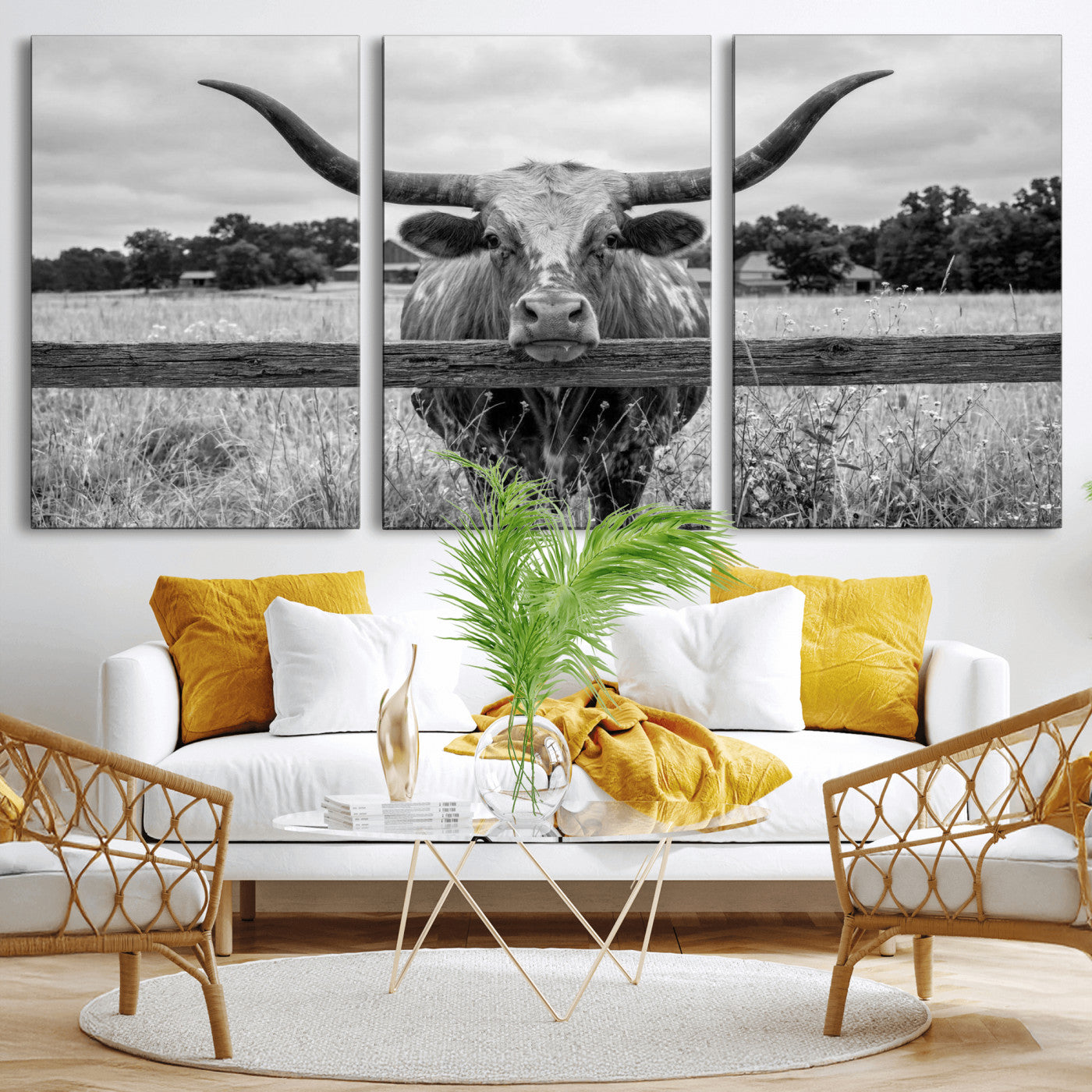 59378683-MGV-CV-60X30-3P - Black White Texas Longhorn Bull Canvas Wall Art, Western Ranch Cattle Photography Print, Rustic Farmhouse Cowboy Decor Artwork