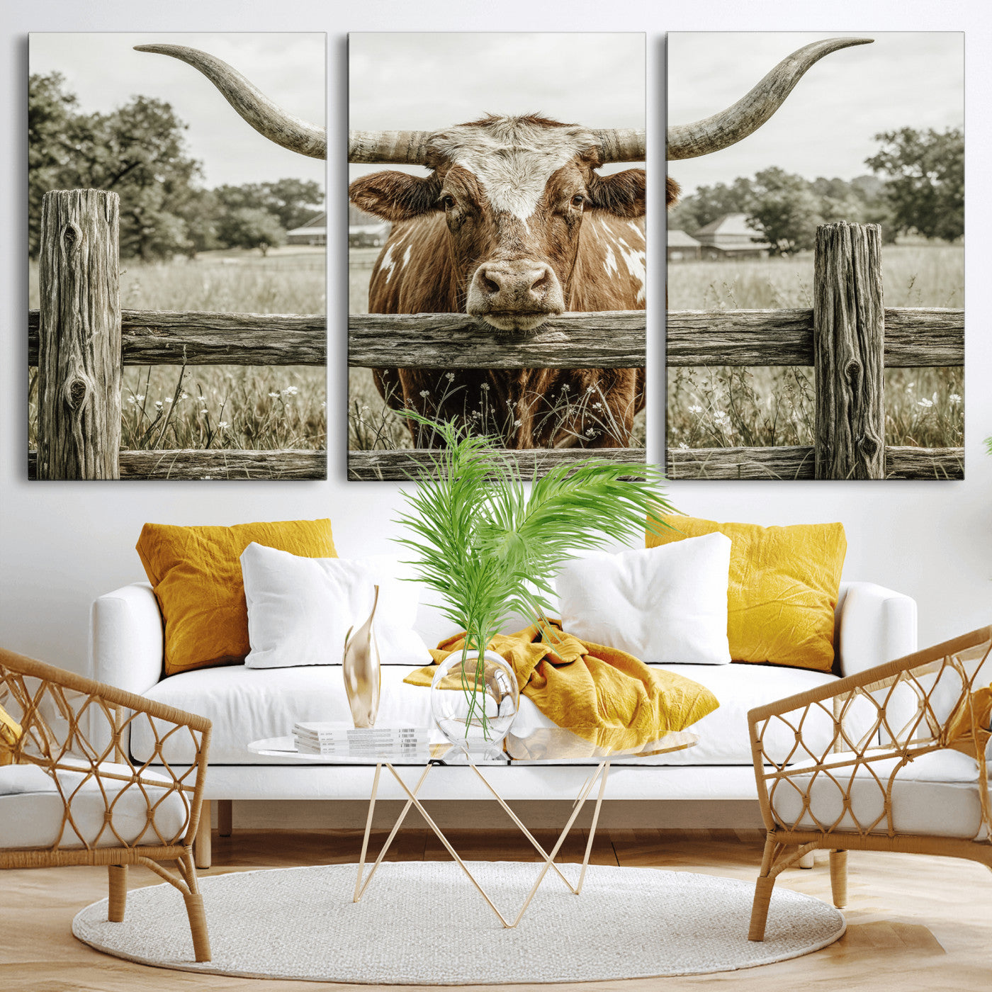 59378683M-MGV-CV-60X30-3P - Large Farmhouse Texas Longhorn Bull Canvas Wall Art, Western Ranch Cattle Photography Print, Rustic Barn Cowboy Decor Artwork