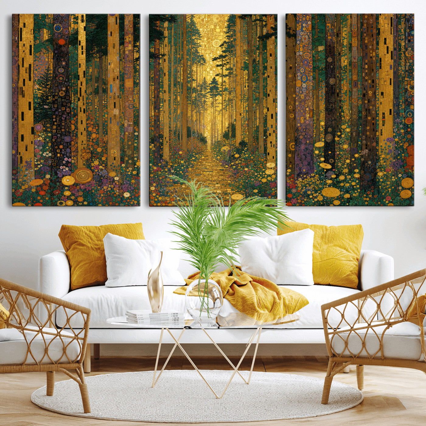 79483321G-MGV-CV-48X32-3P - Gustav Klimt Style Forest Canvas Wall Art, Golden Forest Path Floral Art Nouveau Print, Enchanted Woodland Decor