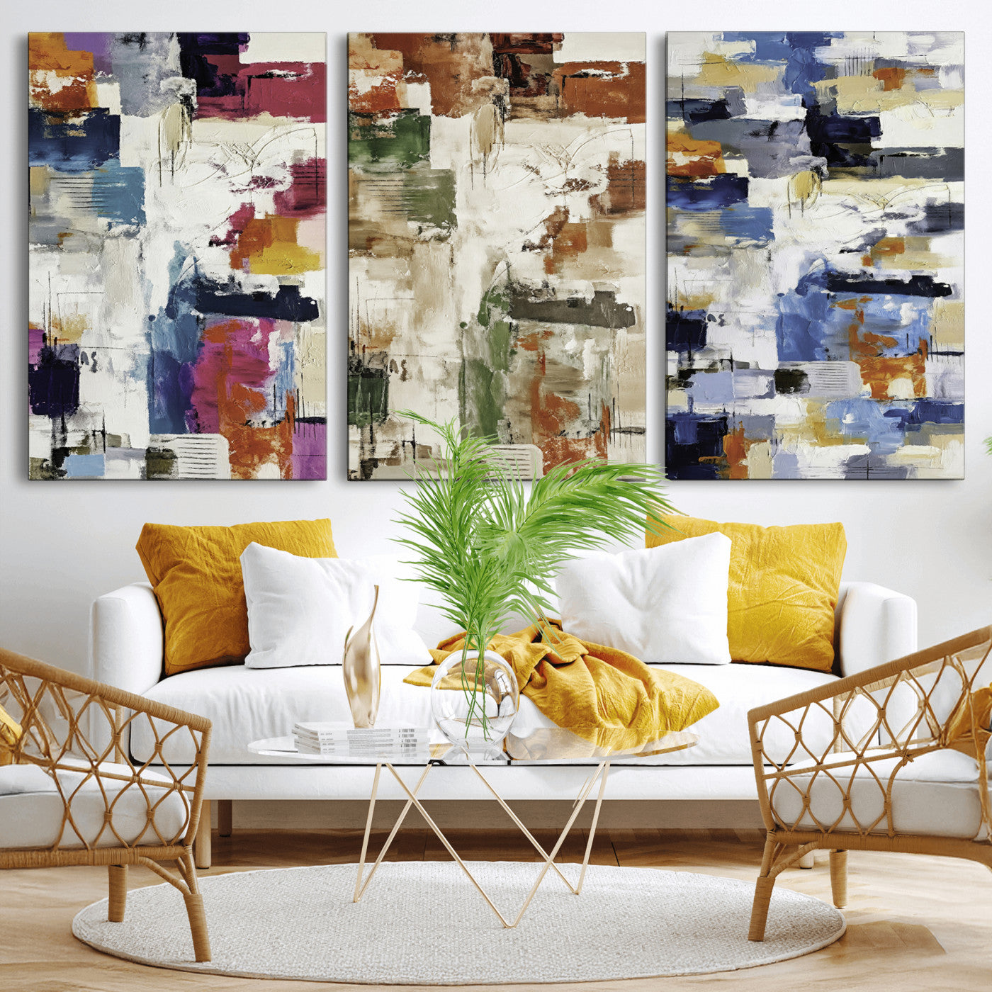 33267833-MGV-CV-60X30-3P - Blue Teal Abstract Canvas Wall Art, Modern Textured Painting Print, Navy Orange White Contemporary Art, Neutral Living Room Decor, Office Art
