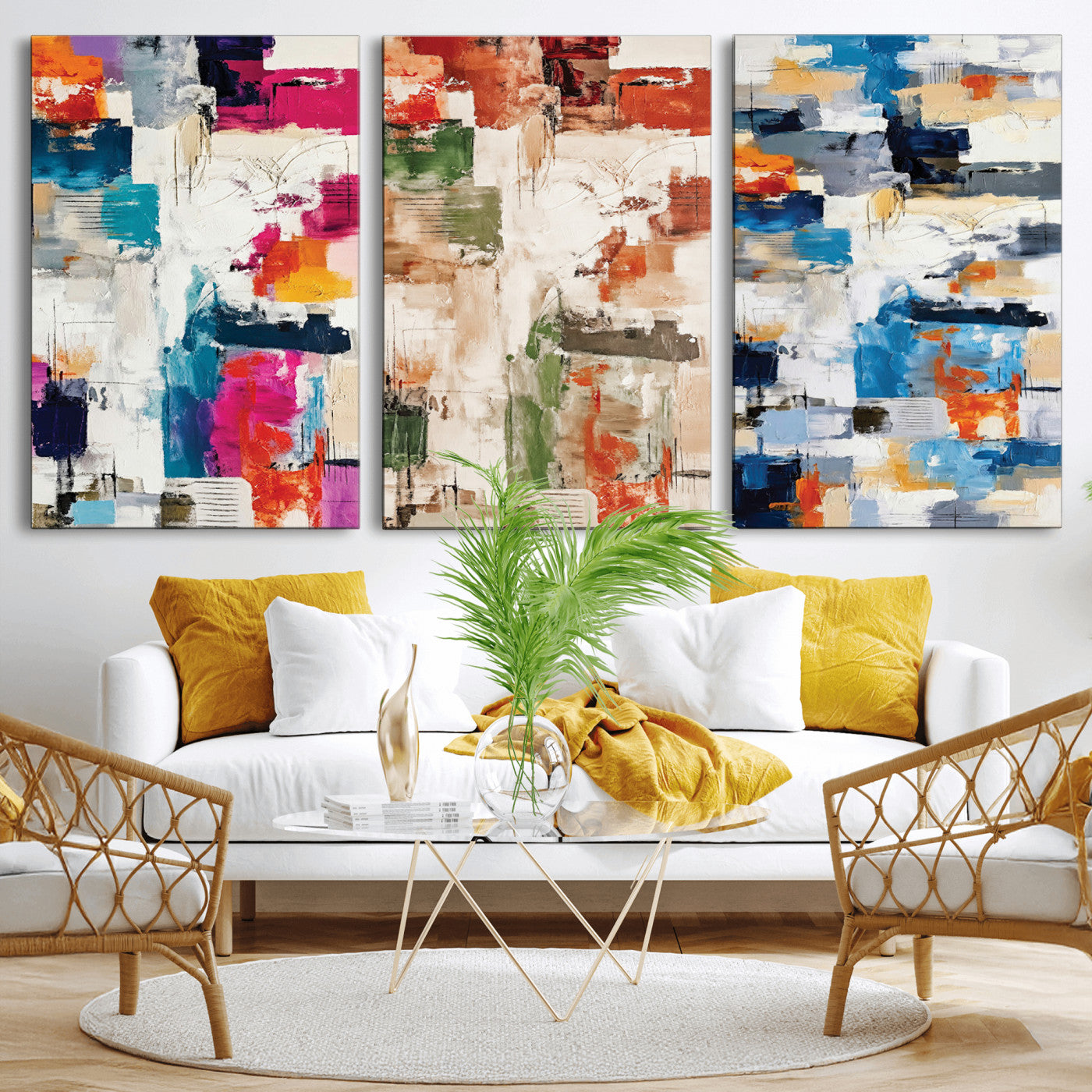 33267833-MGV-CV-60X30-3P - Blue Teal Abstract Canvas Wall Art, Modern Textured Painting Print, Navy Orange White Contemporary Art, Neutral Living Room Decor, Office Art
