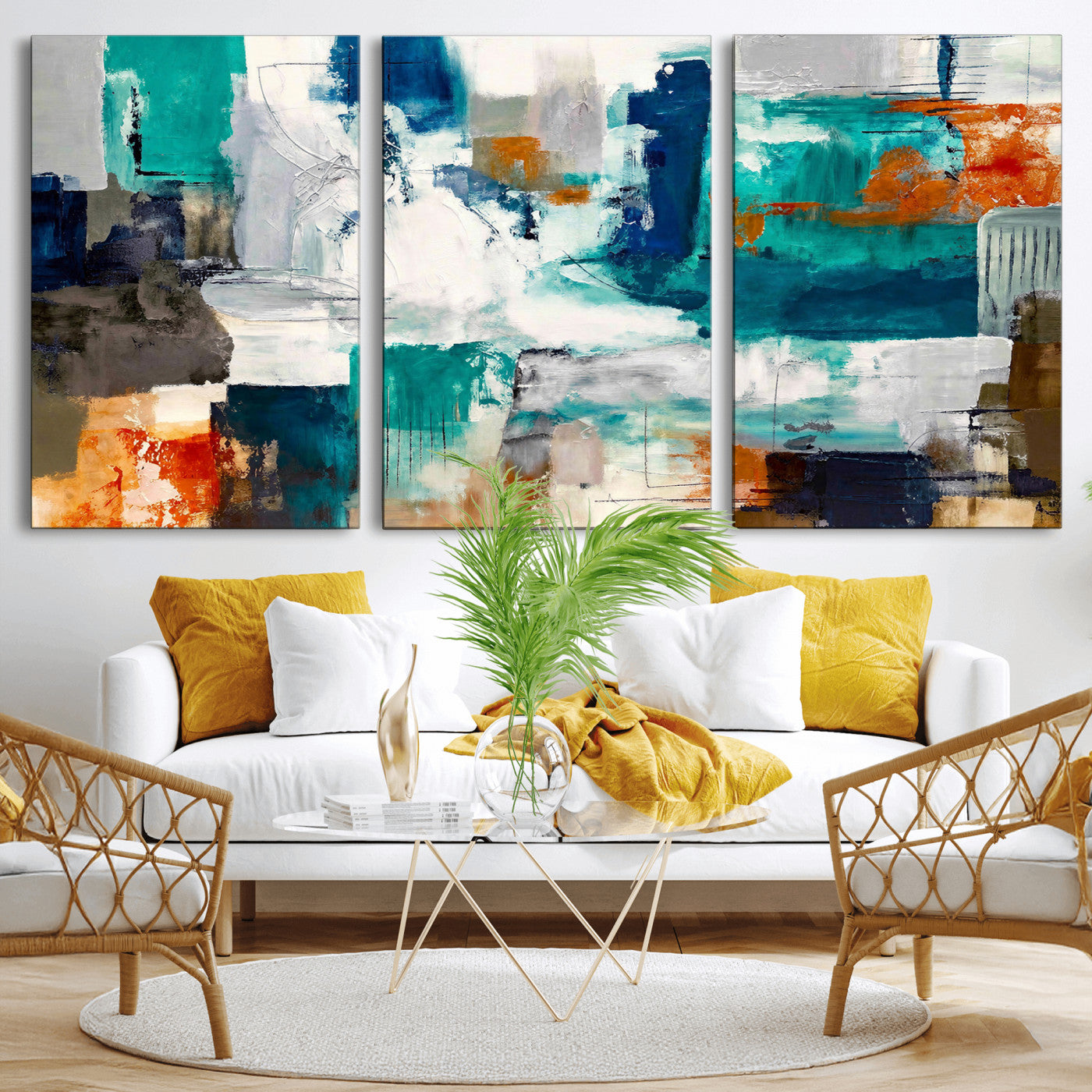 44038089-MGV-CV-36X24 - Blue Teal Abstract Canvas Wall Art, Modern Textured Painting Print, Navy Orange White Contemporary Art, Neutral Living Room Decor, Office Art
