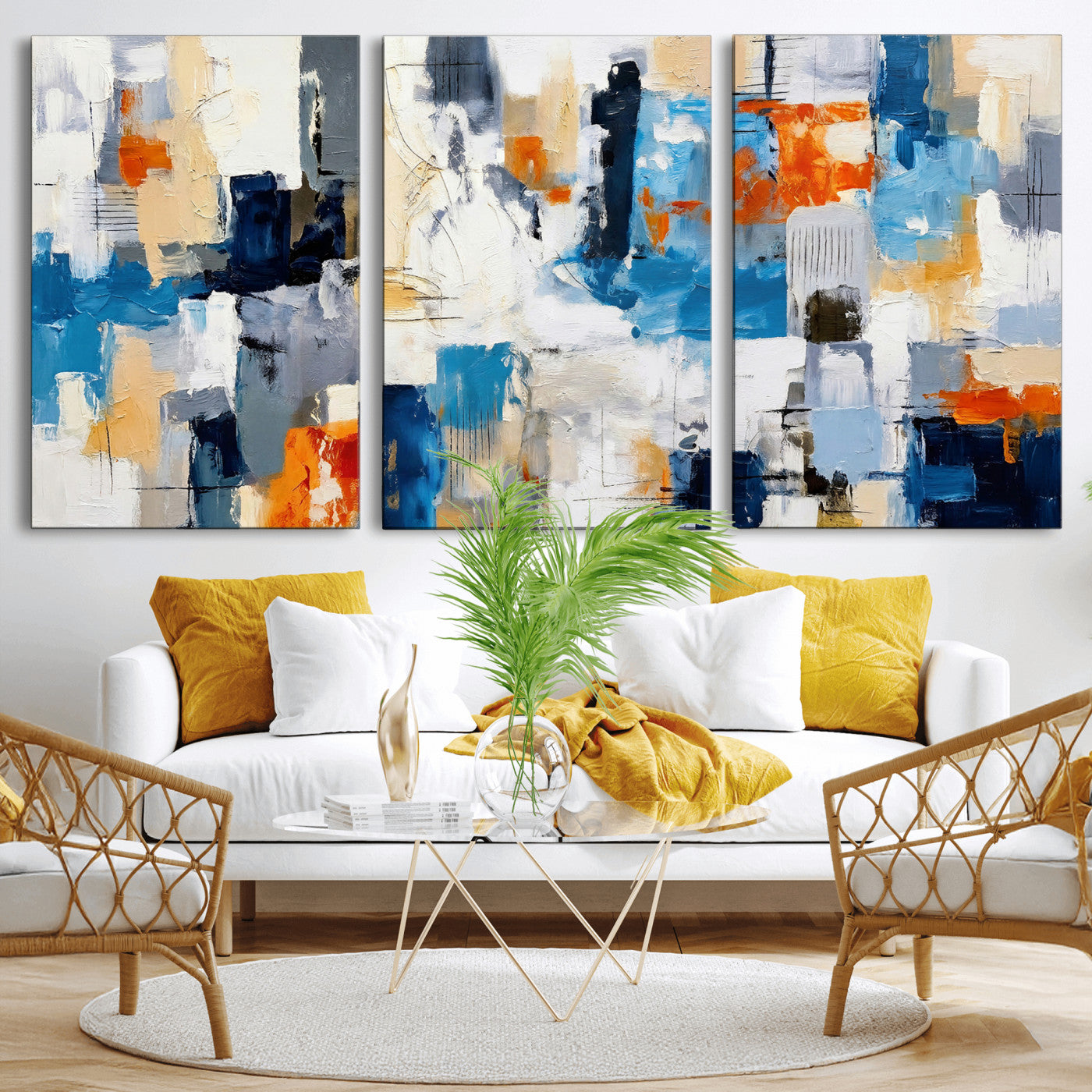 83915061-MGV-CV-36X24 - Blue Teal Abstract Canvas Wall Art, Modern Textured Painting Print, Navy Orange White Contemporary Art, Neutral Living Room Decor, Office Art