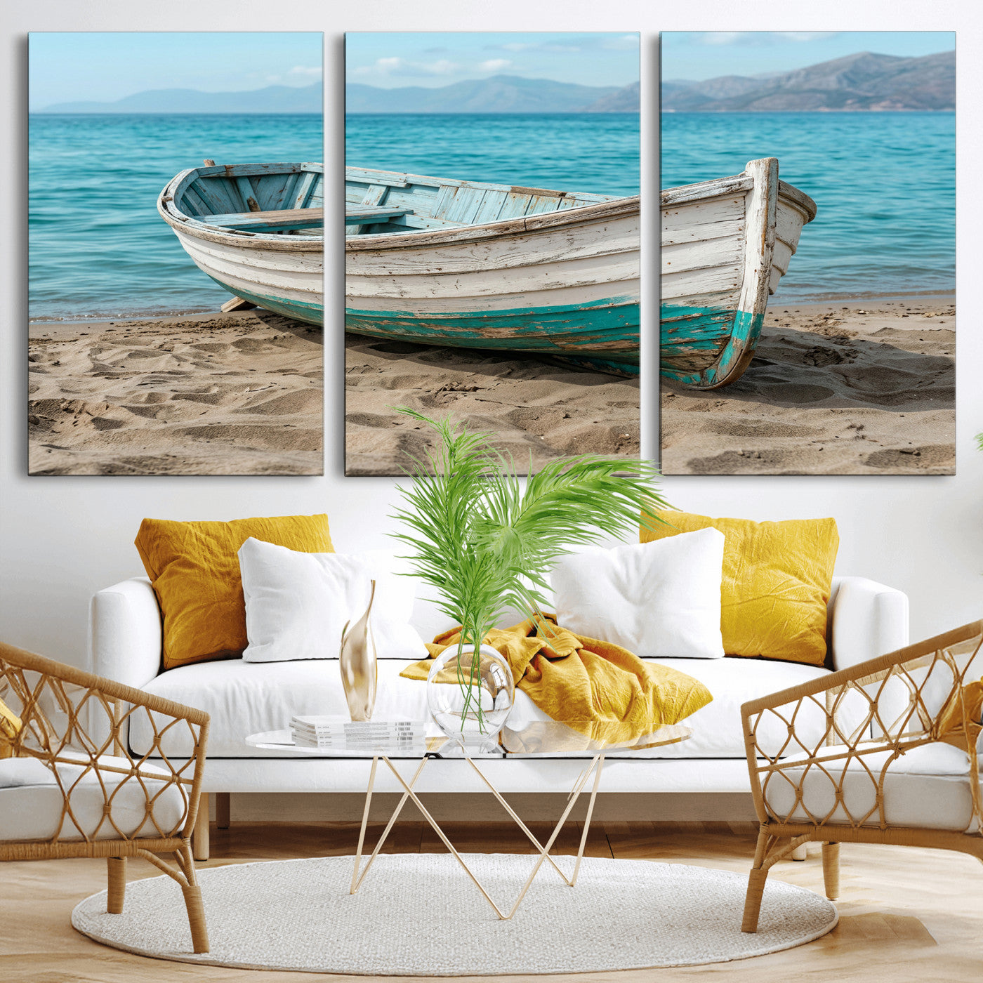 49963709-MGV-CV-36X24 - Coastal Boat Canvas Wall Art Print, Beach Boat Painting, Nautical Ocean Decor, Seascape Wall Art, Ready to Hang