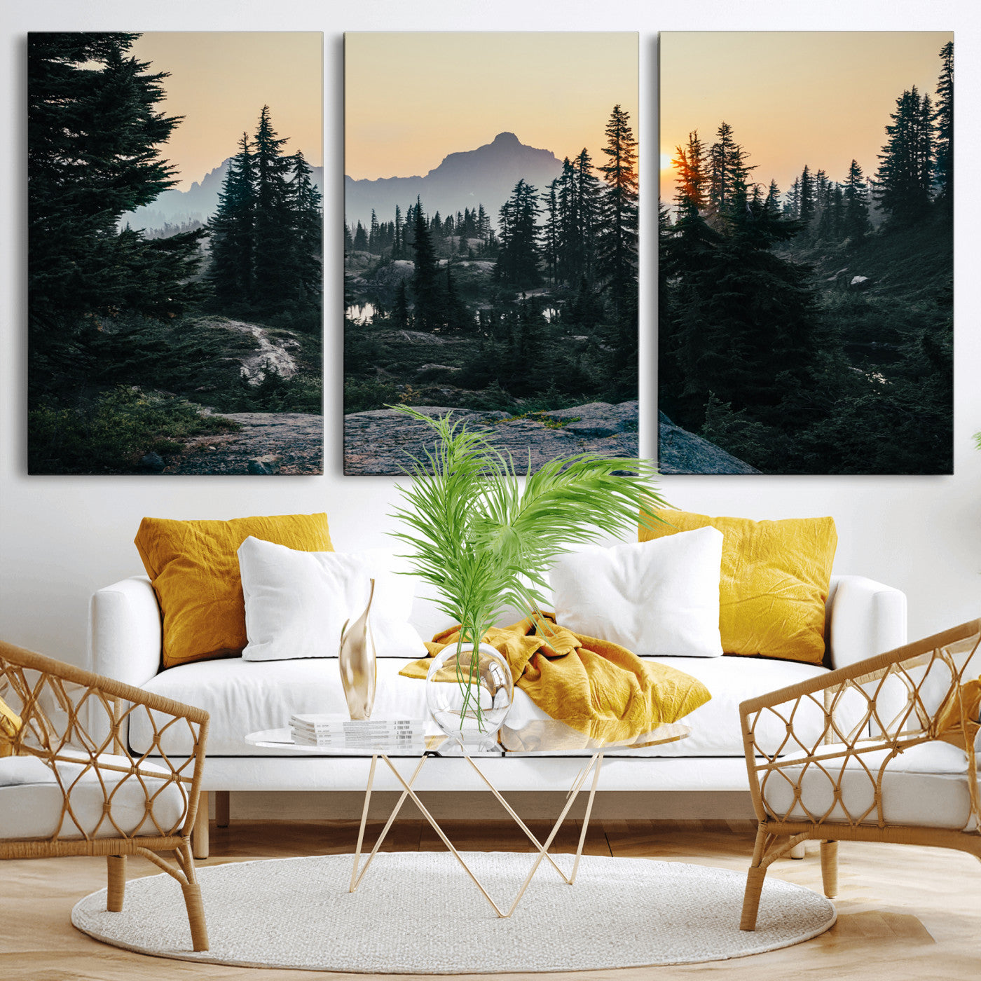 89996020-MGV-CV-36X24 - Mountain Forest Canvas Wall Art Print, Pine Tree Landscape, Sunset Nature Photography, Wilderness Wall Decor, Ready to Hang