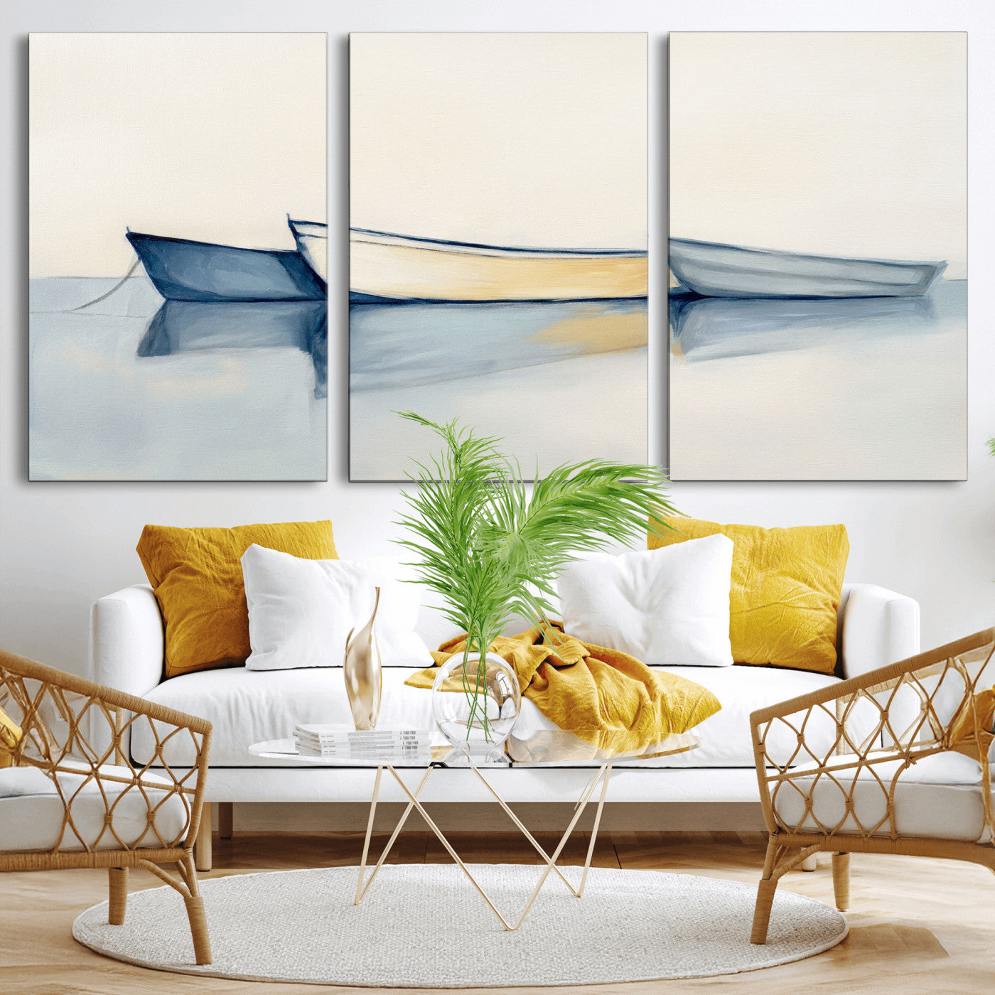 84017361-MGV-CV-36X24 - Abstract Three Boats Reflecting on Water Wall Art Canvas Print - Minimalist Coastal Seascape