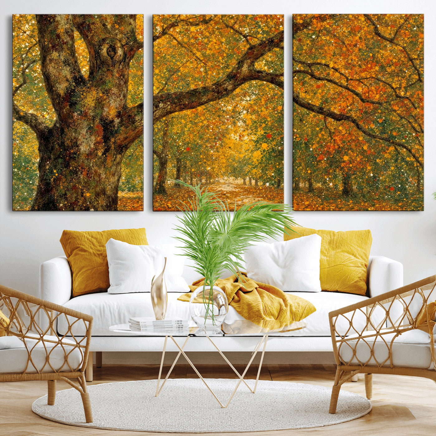 11536138-MGV-CV-36X24 - Vintage Autumn Forest Path Wall Art Canvas Print, Golden Leaves Impressionist Painting Print