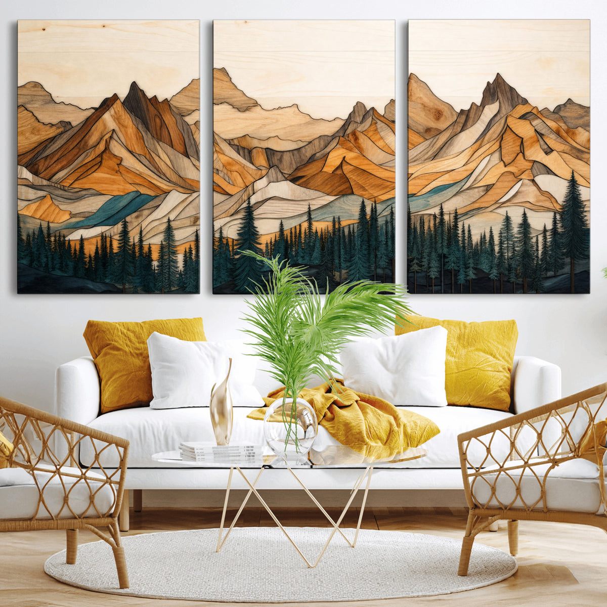 57384313-MGV-CV-60X30-3P - Mountain Landscape Canvas Wall Art with Wood Grain Effect, Golden Peaks and Teal Pine Forest, Framed Cabin Decor