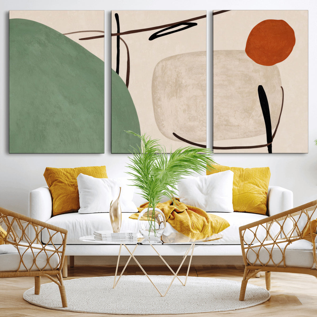 46798824-MGV-CV-48X32-3P - Mid Century Modern Geometric Canvas Wall Art, Abstract Triptych Print