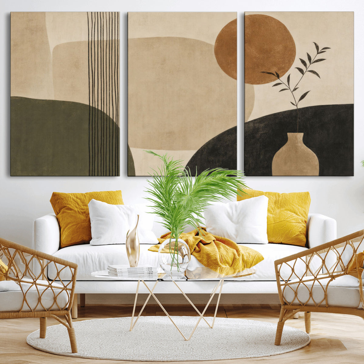 85289499-MGV-CV-60X30-3P - Boho Abstract Sun Canvas Wall Art, Minimalist Sage Green Botanical Print