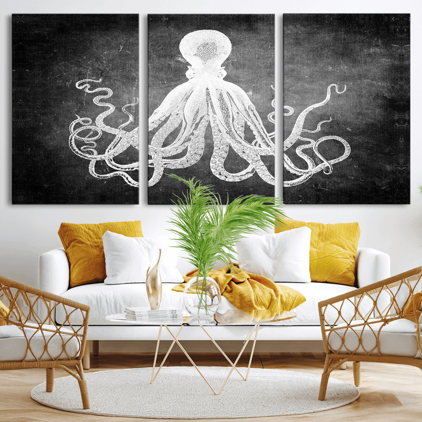 -Black White Octopus Wall Art Canvas Print